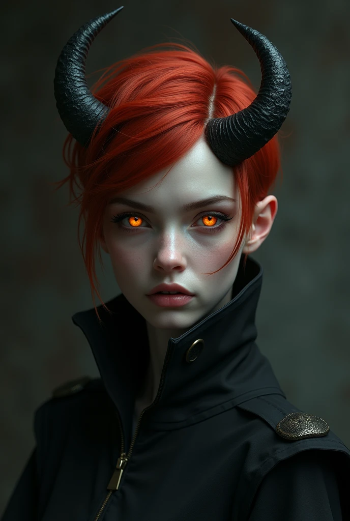Androgynous woman with very short red hair and orange horns. orange eyes.