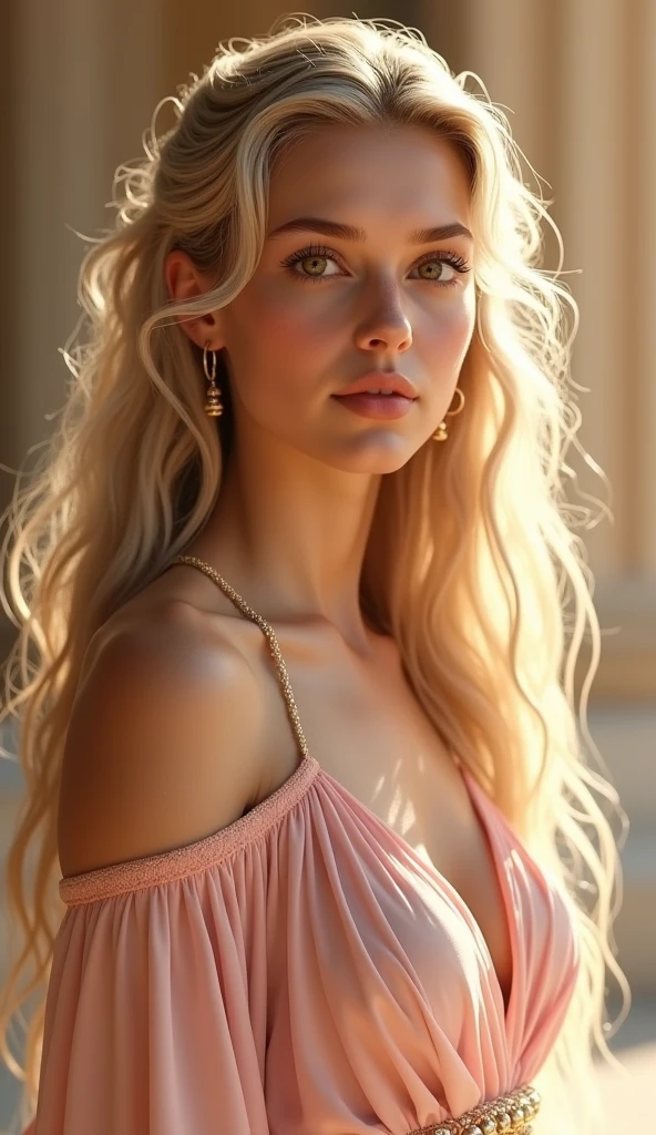1 girl, full body shot (1.3),close up face shot (1.3), face shot, corridor,Soft Light, Ancient Greek Beauty,Light-haired,long hair,
Greece golden place background, Greek gorgeous girl, with thick and long wavy blonde glossy hair, big and large almond shaped brown bright eyes, long and thick curly black eyelashes, upturned nose, high nose bridge, fullest and plumpest pink luscious lips, heart face shape, shorter face, shorter chin, tiny face size, pale snow white traslucent perfect skin, whitening skin, hourglass shaped body, tiny and narrow waist, rounded hips, long and slender beautiful legs, big perfect brests (1.4), large breasts, bust size 84 cm, waist 60 cm, hips 86 cm, bra size 32 C, tall at 5’7, ((perfect body proportions)),full body image, realistic, photorealistic, ultradetailed, skin texture, hyperealismHigh Resolution, Closed Mouth, highly detailed, high resolution 8K, wearing an Ancient Greece pale pink princess tunic dress with detailed accessories, highliting her horglass body, detailed jewlry, 19-years-old