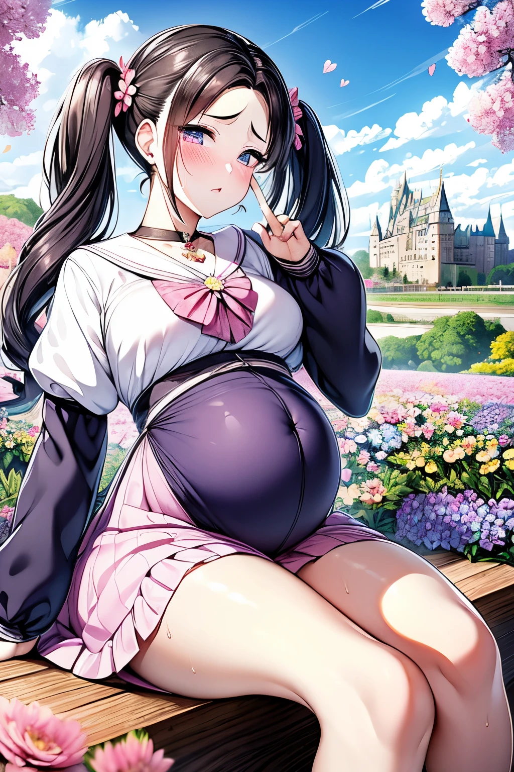 sunny,Sitting on a chair with legs spread,pubic hairを見せつけている,Erect nipples,black stockingsを穿いている,Mouth wide open, Magical girl, Sailor dress, Pregnant women,black_hair, length_hair, hair_Pulled_return,Broke up_lips,purple_eye, Braiding, Twin tails, Armpit Hair, pubic hair, 1 person, sleeved,40 years old,Mature Woman,beautiful Finger,beautiful length legs,beautiful body,beautiful Nose,beautiful character design, perfect eye, perfect face, View your viewers,(Innocent_big_eye:1.0),(Light_笑face:1.0), Official Art,Very detailed CG Unity 8k wallpaper, Perfect lighting,Farbeful, bright_front_face_Lighting, (masterpiece:1.0),(Highest_quality:1.0), 超High resolution,4K,Very detailed, photograph, 8k, High resolution, High resolution, absurdes:1.2, 400 for Kodak Port, Film Grain, blurry returnground, bokeh:1.2, Lens flare, (Vibrant_Farbe:1.2) (beautiful,big_chest:1.4), (beautiful_face:1.5),(cure heart), pink bow, jewelry, bow, heart brooch, choker, brooch, heart, earrings, hair ornament,black stockings,pubic hair,(Sweaty skin:1.4),(Embarrassing,blush:1.5),(vapour:1.3),((Pussy juice stain)),(A flower garden with a castle in the distance:1.5)
