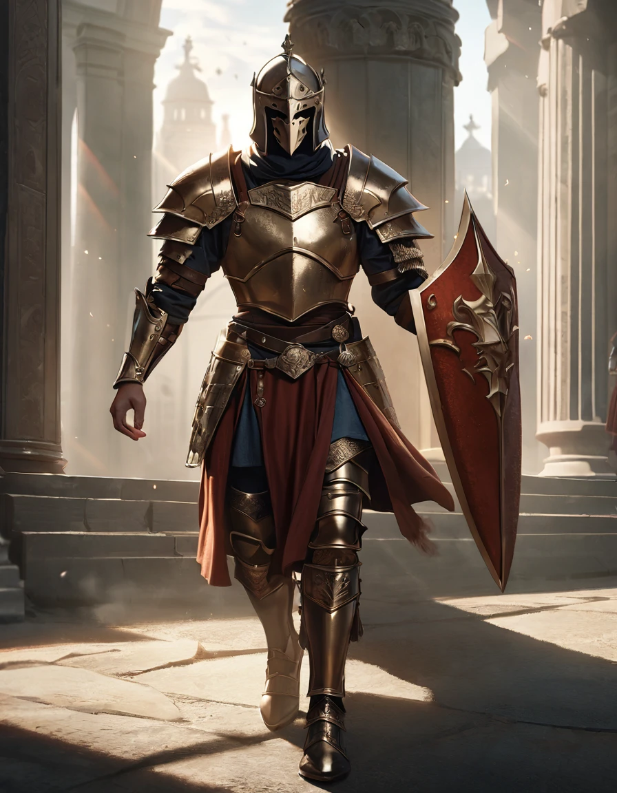 ((lorica segmentata armor)), ((4th-century western roman inspired armor)), hope, ((iconic roman inspired armor, Galea helmet, Lorica musculata breastplate)), ((scutum shield, tower shield)), ((Full body portrait)), ((Roman inspired warrior)), (Royal roman soldier), (4th century armor), ((Red intricate details on armor)), photorealistic, hyperrealistic, 8k, high quality, cinematic, dramatic lighting, fantasy, uplifting atmosphere, intricate details, angelic, holy, mysterious, savior, peaceful, foreboding, calming, chiaroscuro, dramatic shadows, dramatic highlights