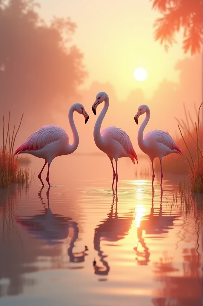 A group of elegant flamingos standing in shallow water with their reflection mirrored in the clear surface. The flamingos have soft pink and coral feathers with long, graceful necks and thin legs. The background includes a serene wetland with reeds and a golden sunset casting warm hues across the scene.”