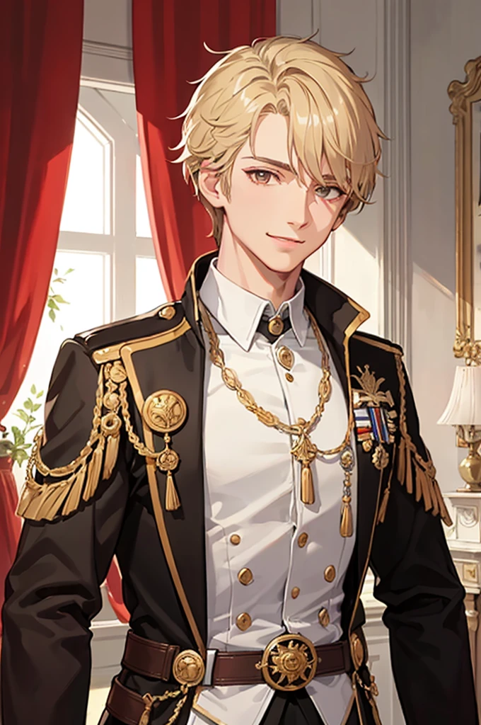 ((masterpiece)), ((best quality)), ((8k resolution)), ((max quality)), detailed eyes, 1 man, brown eyes, masculine, short honey-blond hair, fantasy manor interior background, clear background, handsome, calm smile expression, prussian tunic, justice balance scale badge, oneside cape, gloves, close-up, front view, medium shot