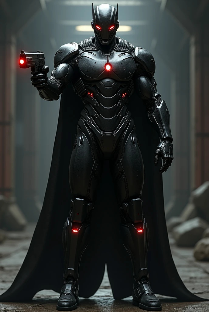 One male character with black iron suit and put put to hand in gun and eyes are red