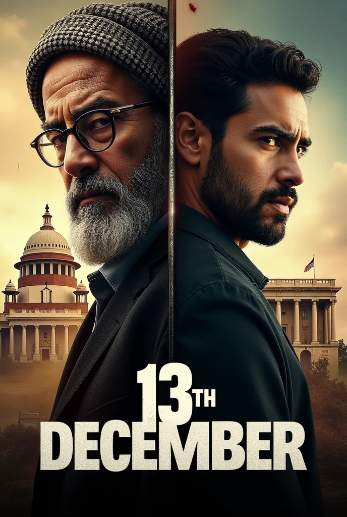 To recreate an image similar to the one you've uploaded, you can use the following prompt:
"Create a dramatic movie poster with a split focus. On the left, depict a man with a heavy beard, wearing a patterned headscarf and glasses, giving a serious and intense expression. The background behind him shows a large, important government building with signs of violence, such as blood splatters. On the right side, show a younger man with neatly styled hair, a trimmed beard, and a determined look. The title '13th December' is boldly written in large letters at the bottom center of the image. The overall tone should be intense and suspenseful."
Let me know if you want any modifications to the prompt!