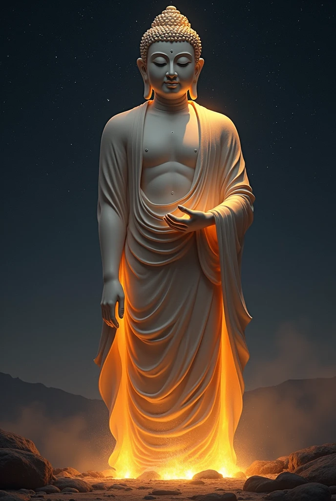 ( perfect anatomy ) Light painting, golden light painted Buddha statue in the dark starry sky, kindness and compassion, wide-angle lens shot from bottom to top, tranquility, simple aesthetics, art master masterpiece, movie scene, very detailed masterpiece, fair. Realistic, fresh and elegant aesthetic style airbrush digital oil painting is very beautiful, Perfectly composed and exquisitely crafted, high-quality work by a master artist