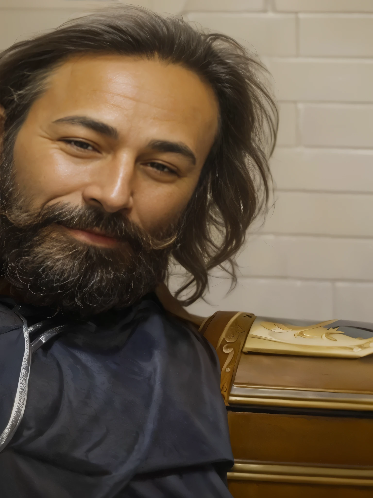 man (semi-cana beard 1.5) (long dark brown hair 1.2) smiling (sexy smile1.0) Looking forward (honey colored eyes 1.2) few wrinkles 0.5 extremely detailed face 1.5 artwork 1.5 hyper realistic (He wears silver armor with a magic tree drawn on his chest 1.3) with green cape, half body