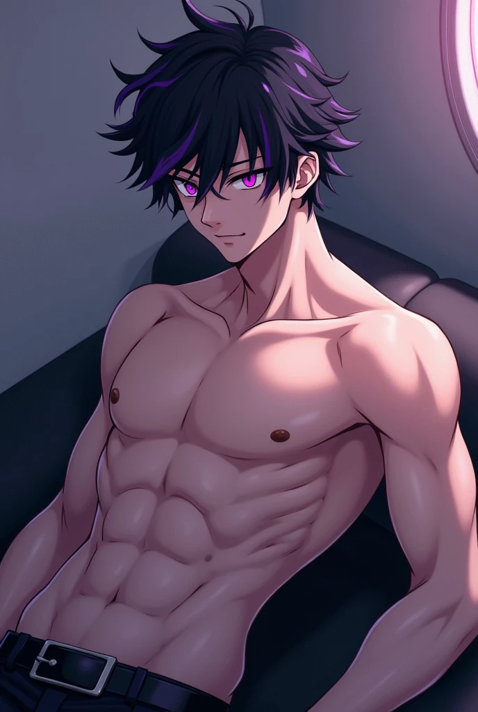 Screenshot of boku no hero academia Naked anime man boy shirtless white skin handsome black hair with wavy purple and purple eyes sexy pose full body