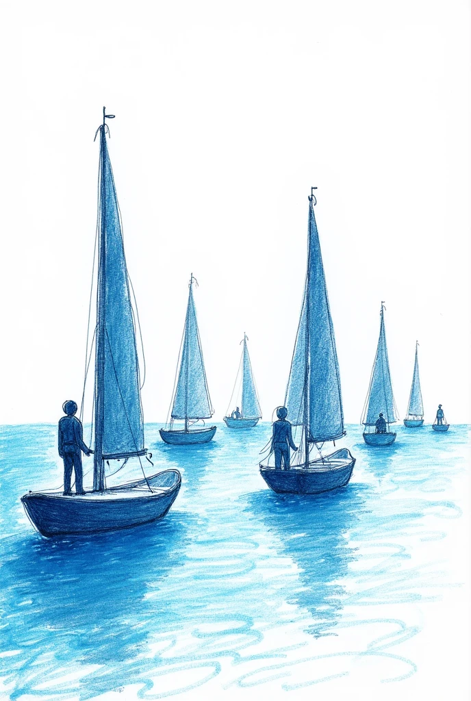 (Crayon sketch1.2)White background, blue sea, with a few sailboats, the sailboats moving from far to near, two people standing on the sailboats, dark and light blue crayon lines outlining a drawing, rough lines, random bold lines