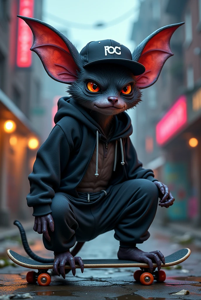 A bat with dark circles, hip hop clothes and a skateboard