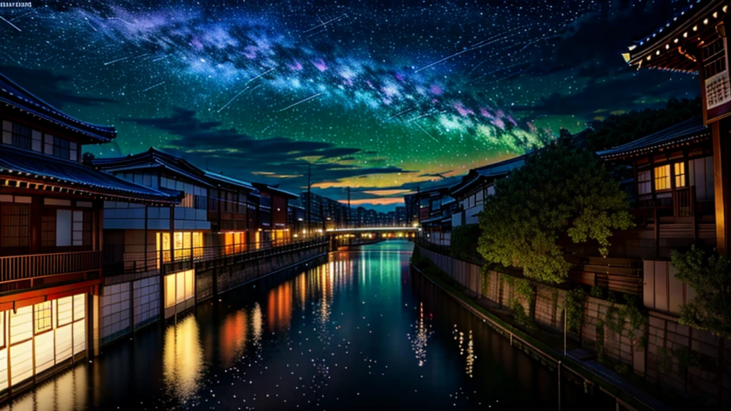 (Four people in white loincloths), distant girls has FineSkin staring at the performer, (Zoom out:1.3), (Dazzling meteor shower:1.2), (comet:1.1), yourname, Low - Angle, From behind, Aloura Borealis, shooting star, cherry blossoms, Standing on the River,Highest quality, masterpiece, cloud,colorful, Starry sky,performer . (Accutance:0.85),(RAW Photorealism and Hyperrealism:1.37), and Hakata Gion Yamakasa, Rainbow colors