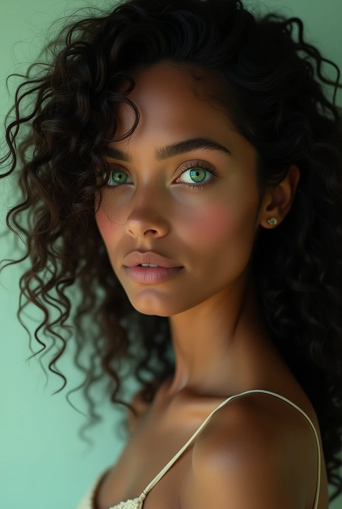 Girl with black curly hair, green emerald color naked