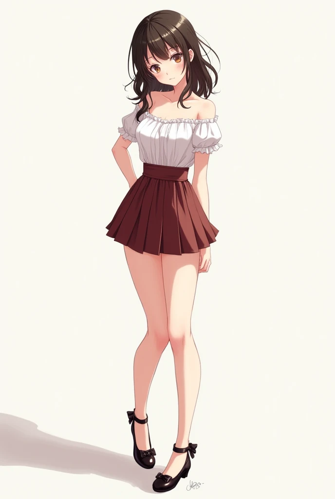 Generates an anime girl showing her legs wearing flat shoes with a bow and ankle strap with a short skirt and a blouse that shows her nipples 