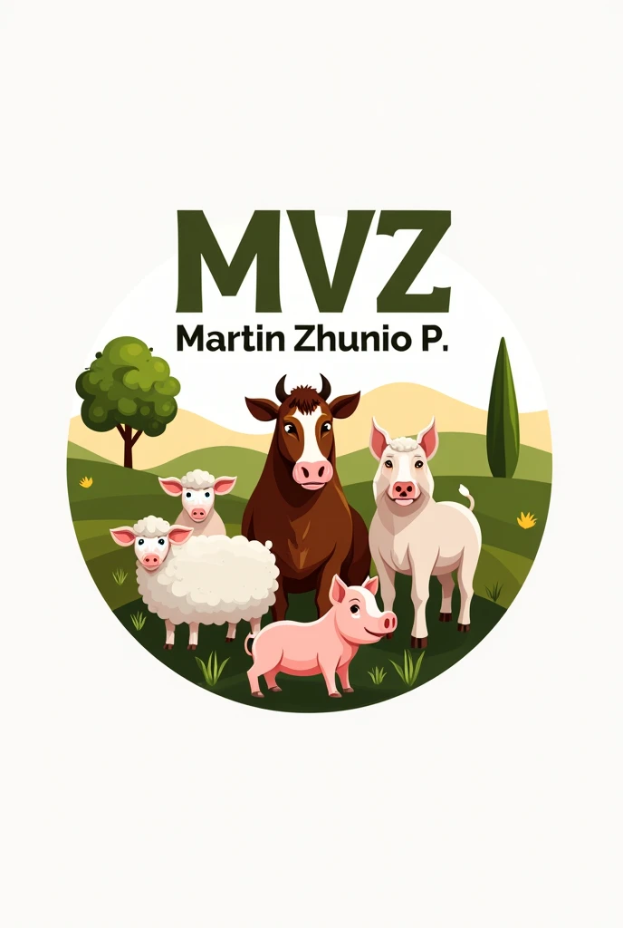 Veterinary logo with farm animals (cows, horses, sheep, pigs); written “MVZ MARTIN ZHUNIO P.”