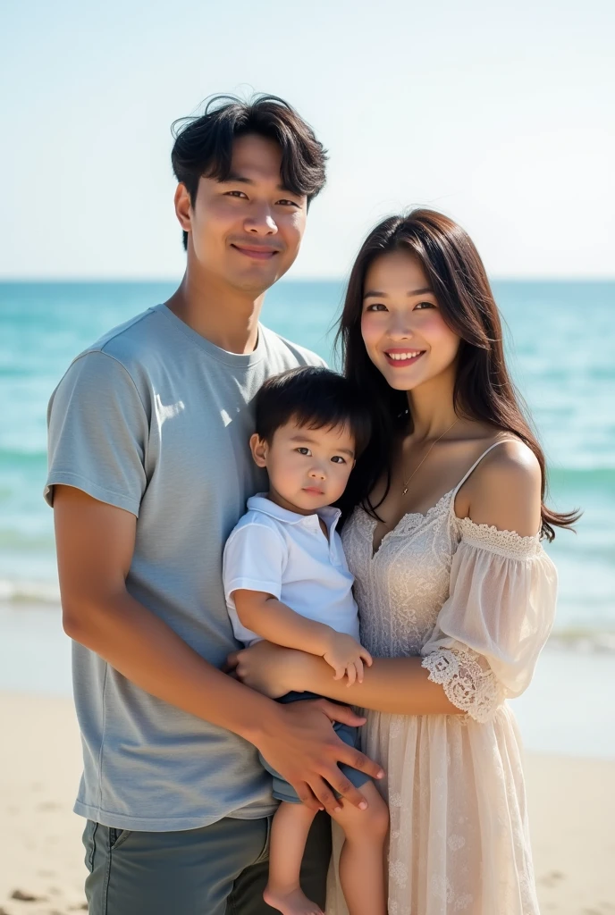 A dark-haired young man with full lips, 1..80 tall and his young wife 1.60 tall and of oriental descent and the couple's son on his father's lap posing for a photo on the beach in front of the sea.
