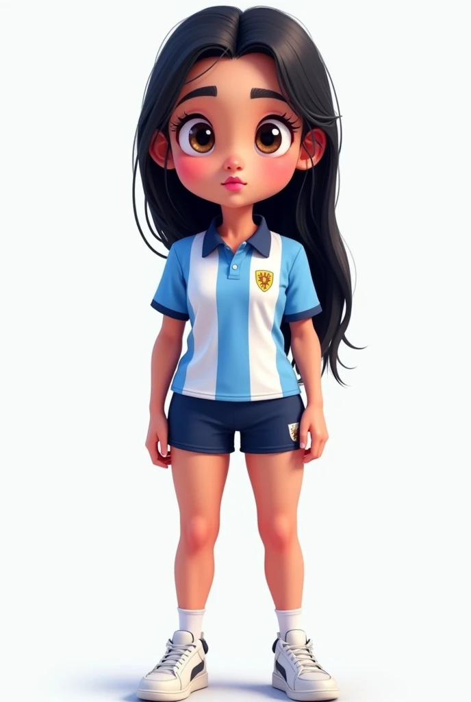 Cartoon of a volleyball player wearing a uniform from the Argentine Force team, polo shirt and shorts, white sneakers, black straight hair reaching above the waist, Height 1.70, almond eyes, thin, thin face, thin fuchsia lips under,