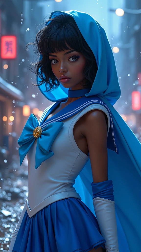 Sailor Mercury  with blue hair and a blue cape on her head, (dark ebony skin:1.4),(background city destroyed apocalypse Tokyo night :1.4), Artgerm JSC, portrait knights of zodiac girl, extremely detailed Artgerm, Ross Tran 8 K, in the style of ross tran, Artgerm Julie Bell Beeple, by Ross Tran, ross tran style, alena aenami and artgerm, inspired by Ross Tran, high quality, (raw photo, best quality), (realistic, Photorealistic: 1.4), (extremely delicate and Beautiful: 1.4), Amazing, fine details, masterpiece, Ultra detailed, high resolution, best illustration, best shadow, intricate, ( extremely intricate: 1.2), (exquisitely detailed skin), cinematic light, Perfect anatomy, (cool color: 1.4), Sharp focus, 8K UHD, DSLR, (Fujifilm XT3),(dark ebony skin:1.4),( cinematic lighting :1.4), ,(Tokyo cyberpunk ruined dungeon ruins background :1.4 ),( pose americano :1.4), (Sailor Mercury :1.4), (a uniform with a blue skirt and light blue bows:1.4) .(85mm f/1.4), (different face extensions :1.4), (beautiful woman beauty a goddess of nature :1.4), epic fantasy art style hd, 4K fantasy art, epic fantasy digital art style, epic fantasy art style, Fantasy Woman, epic fantasy art portrait, Epic fantasy style, hyperrealistic fantasy art, hd fantasy art, epic fantasy character art, epic fantasy art, in style of dark fantasy art, epic fantasy digital art, (Sailor moon Mercury:1.4), (Sailor Mercury V2.1), (half body pose:1.4 ), - floating particles, magic water:1.4),( floating water:1.4) ,(surrounded by swirling water:1.4) 