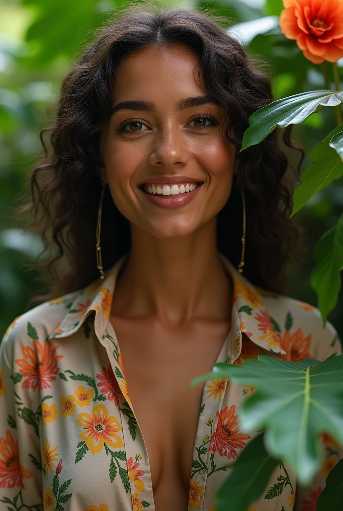 A Brazilian woman in a lush tropical garden, wearing an open shirt with a floral print, with a close-up capturing the harmonious beauty between her and the natural flowers, showing off your natural charm and outgoing personality.