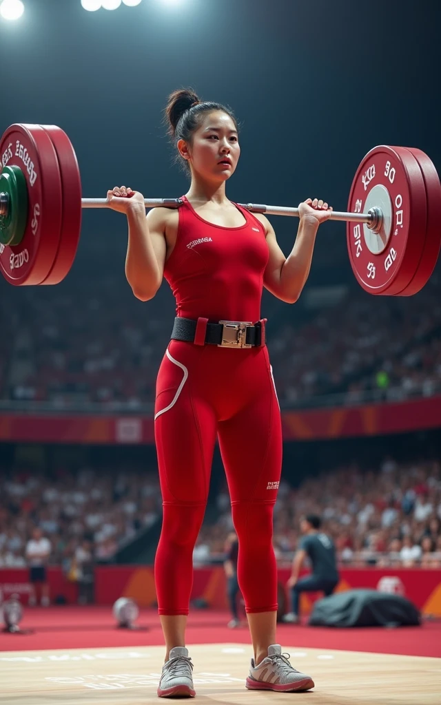 Ultra-high resolution,High-resolution details,Olympic women's weightlifting,Red clothing,Weightlifting Belt,(1 Korean beauty,Super beautiful,Super fair skin,White face)full-body shot,Panoramic vistas,Wide-angle lens,snatch,Lift,clean and jerk,Olympic indoor venues as background,Full audience,Passionate and intense