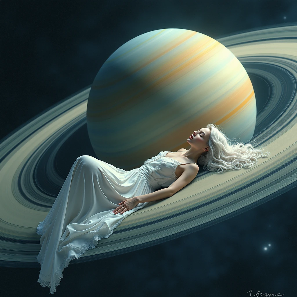 A woman with long white wavy hair,she will be lying on saturn's rings and will wear a long white dress,I want the image a little far away to show space and the planet
