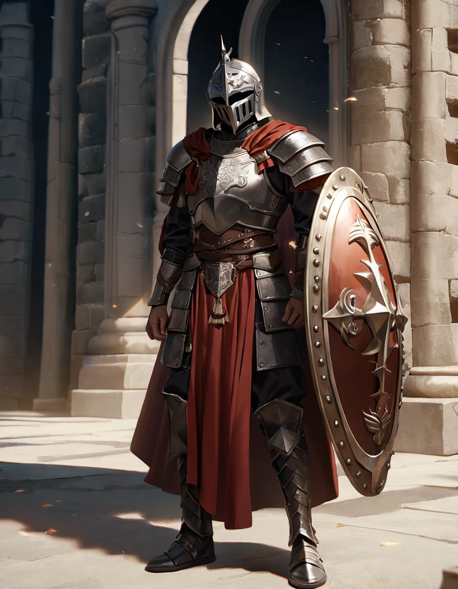 ((lorica segmentata armor)), ((roman chariot)), ((4th-century western roman inspired armor)), hope, ((iconic roman inspired armor, Galea helmet, Lorica musculata breastplate)), ((scutum shield, tower shield)), ((Full body portrait)), ((Roman inspired warrior)), (Royal roman soldier), (4th century armor), ((Red intricate details on armor)), photorealistic, hyperrealistic, 8k, high quality, cinematic, dramatic lighting, fantasy, uplifting atmosphere, intricate details, angelic, holy, mysterious, savior, peaceful, foreboding, calming, chiaroscuro, dramatic shadows, dramatic highlights