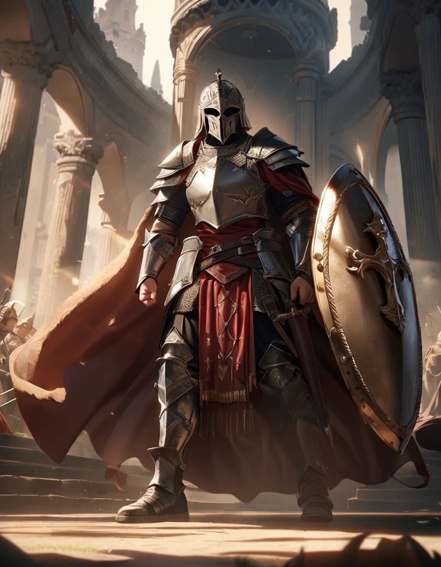 ((lorica segmentata armor)), ((roman chariot)), ((4th-century western roman inspired armor)), hope, ((iconic roman inspired armor, Galea helmet, Lorica musculata breastplate)), ((scutum shield, tower shield)), ((Full body portrait)), ((Roman inspired warrior)), (Royal roman soldier), (4th century armor), ((Red intricate details on armor)), photorealistic, hyperrealistic, 8k, high quality, cinematic, dramatic lighting, fantasy, uplifting atmosphere, intricate details, angelic, holy, mysterious, savior, peaceful, foreboding, calming, chiaroscuro, dramatic shadows, dramatic highlights
