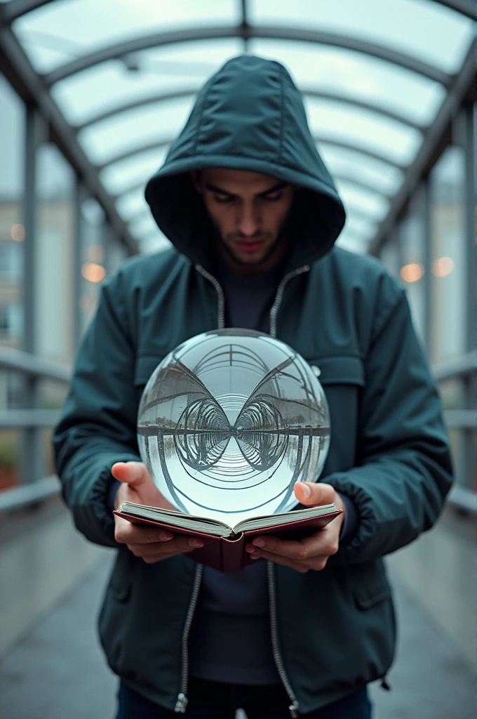 The image shows a,Action-oriented scene focused on a person who is playing notebook, Clear crystal ball. The person is dressed in casual clothes, urban clothing with a hood that obscures the face, Adding a sense of mystery. The background presents a, Symmetrical, arched pedestrian bridge, which creates a sense of depth and movement, drawing the viewer's attention to the crystal ball. The ball itself reflects the surrounding environment, including the bridge structure, creating a captivating visual effect that contrasts with the fast-moving background. The overall composition conveys a sense of movement, focusing, and urban mystery.