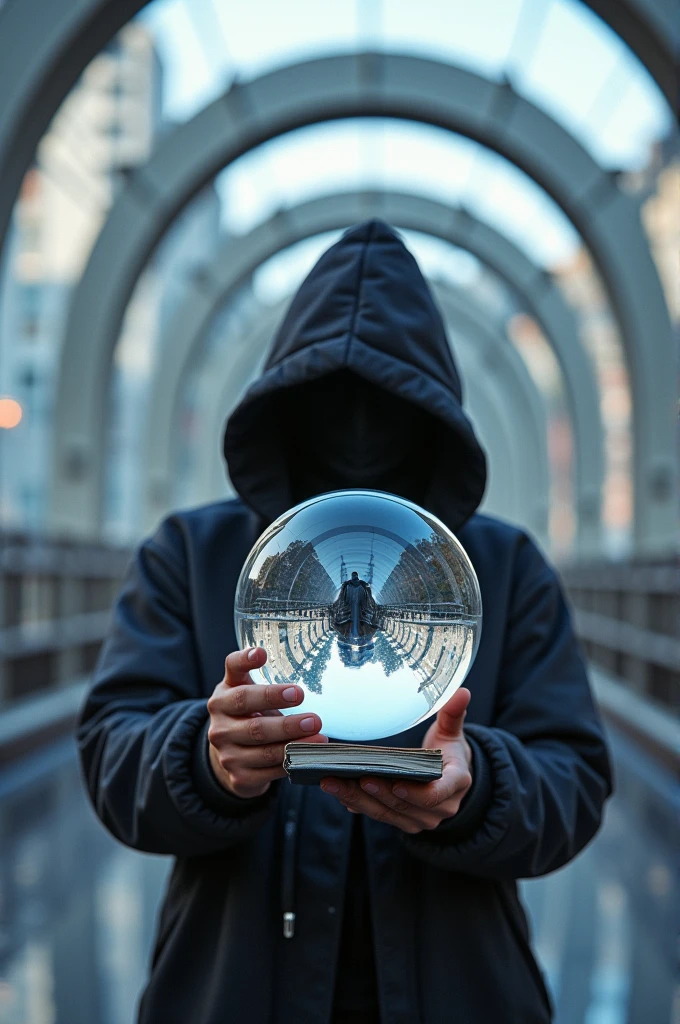 The image shows a,Action-oriented scene focused on a person who is playing notebook, Clear crystal ball. The person is dressed in casual clothes, urban clothing with a hood that obscures the face, Adding a sense of mystery. The background presents a, Symmetrical, arched pedestrian bridge, which creates a sense of depth and movement, drawing the viewer's attention to the crystal ball. The ball itself reflects the surrounding environment, including the bridge structure, creating a captivating visual effect that contrasts with the fast-moving background. The overall composition conveys a sense of movement, focusing, and urban mystery.