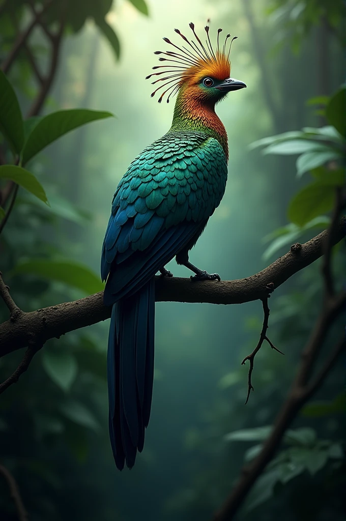 A male Bird-of-Paradise perched on a slender branch in a dense jungle. The bird has bright, iridescent blue and green feathers, a shimmering yellow crown, and unique black plumes extending from its back. The background is filled with lush, dark green vegetation and soft light filtering through the canopy.”