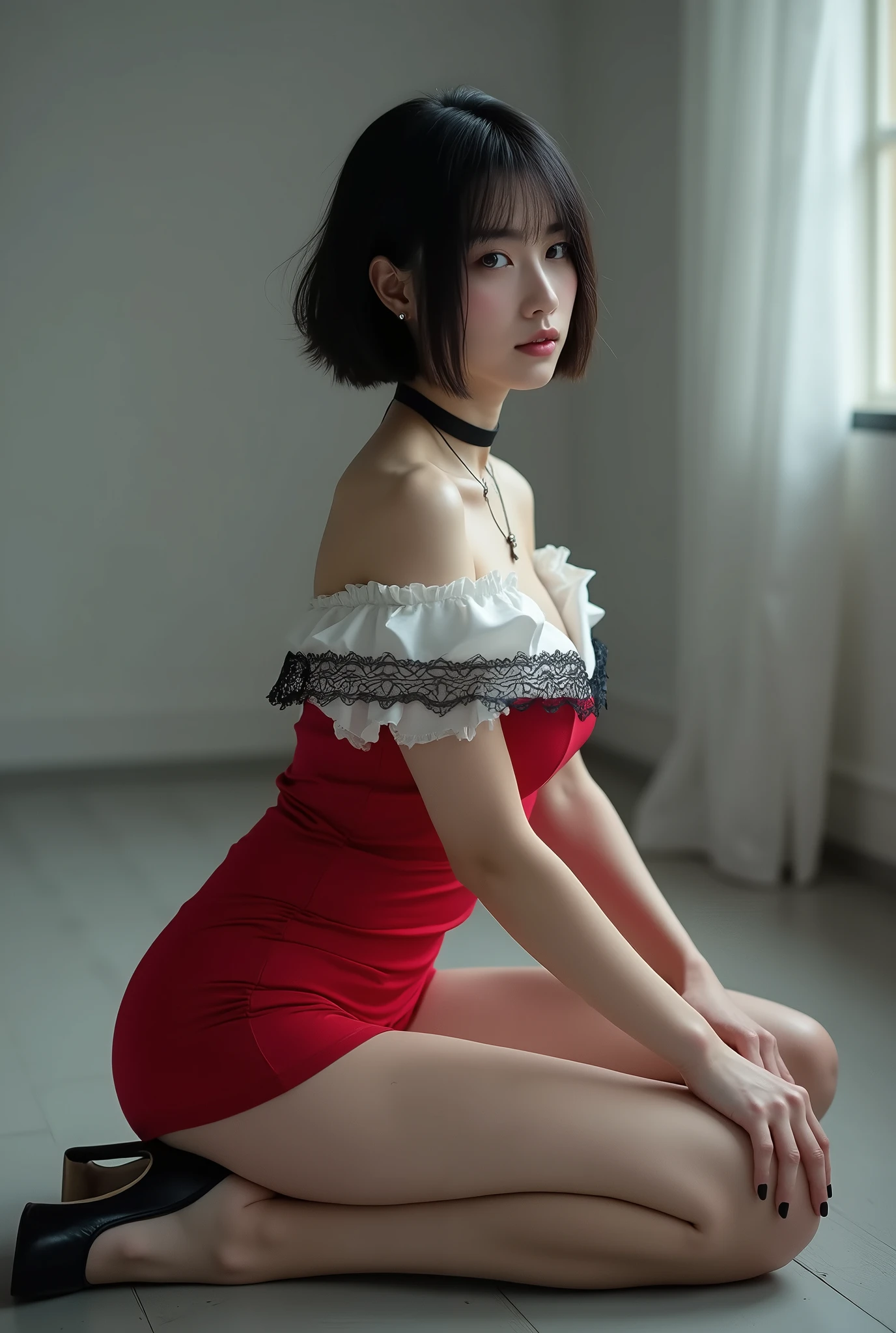 (RAW Photos, Highest quality, masterpiece: 1.2), (Realistic: 1.4), Best lighting, 20-year-old, (light black hair, Short Bob Cut, Divide your hair into 3/7ths, hair above one ear, :1.15), (Symmetrical blue, clear eyes, alone, Mid-chest, Detailed skin, :1.2), ((Pale gray walls and floor, Photo studio, Sitting on the floor, Sit leaning against a wall, Red and white off-the-shoulder short dress, black lace choker, Slender necklace, Wearing black high heels, Beautiful legs, Cinema Lighting, Sensual look, From the side))