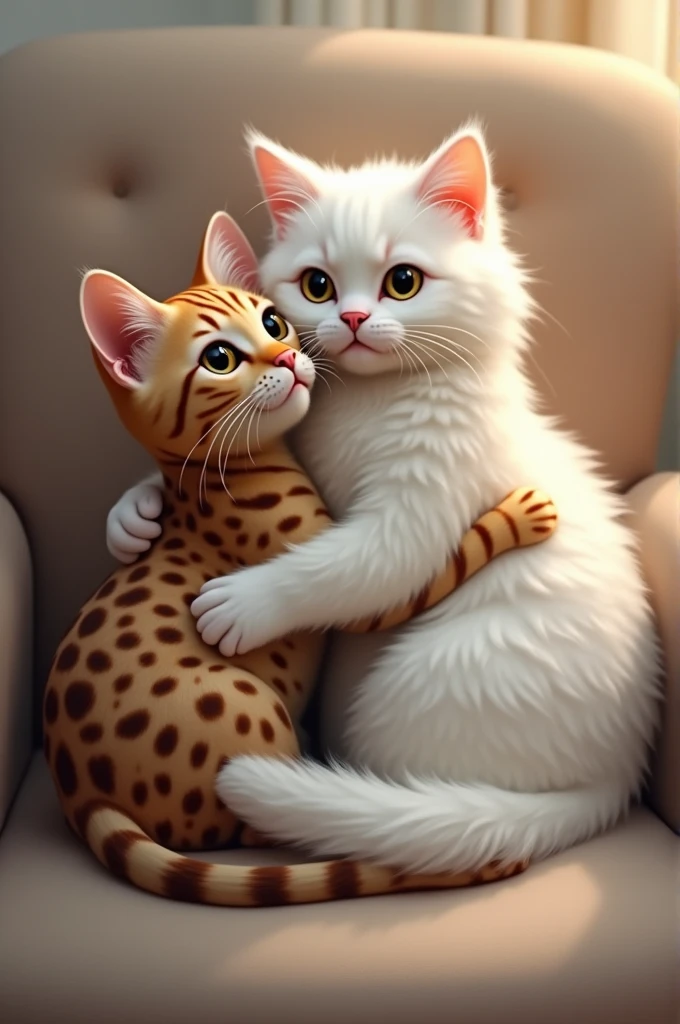 White persian cat hugging an ocicat cat