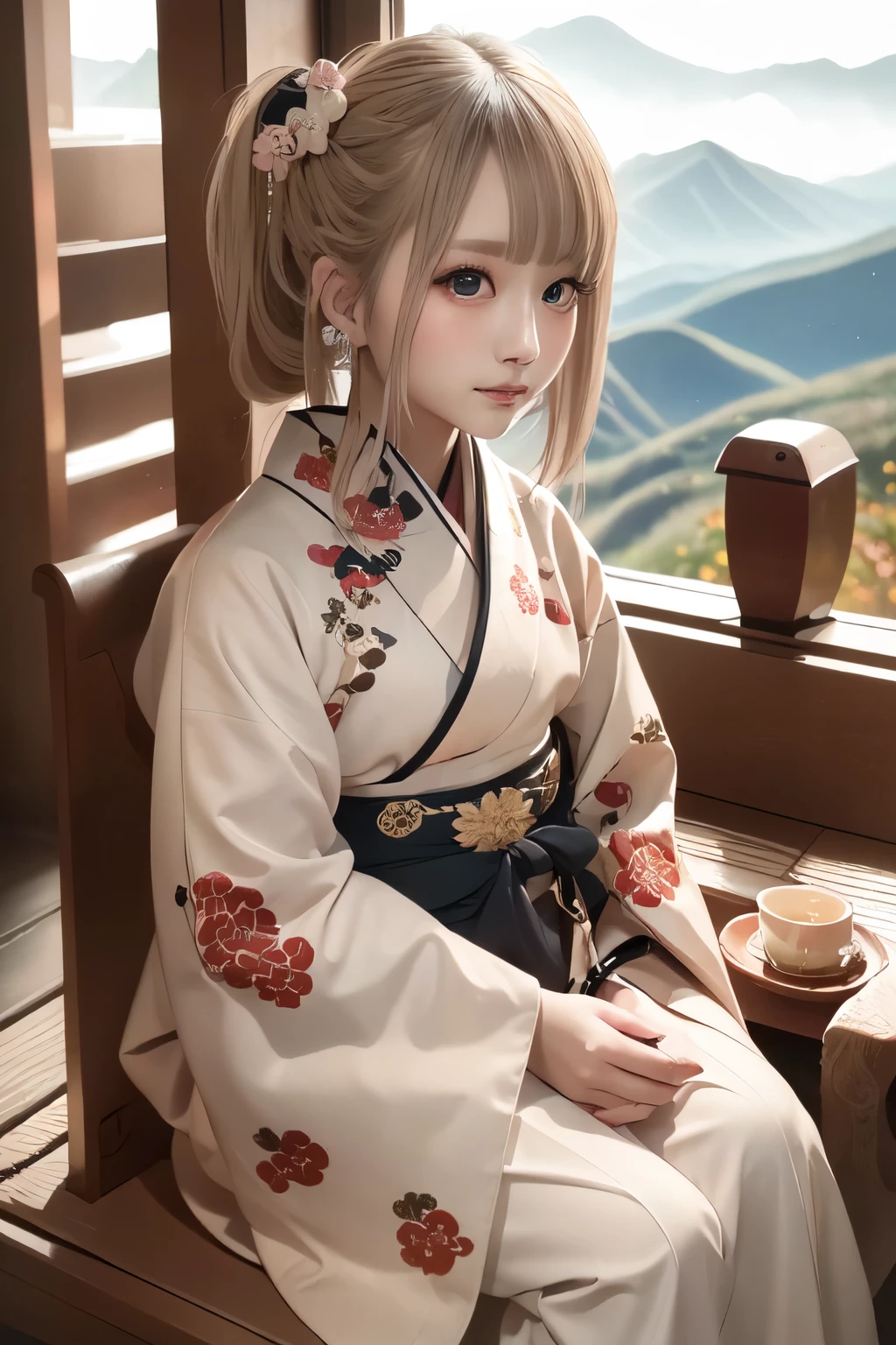 High quality picture, masterpiece, 4k, one beautiful woman, long blonde pigtail hair, bobbed hair, beautiful eyes, wearing a colourful kimono (with fancy embroidery) in the mountains of Japan with beautiful autumn leaves,
