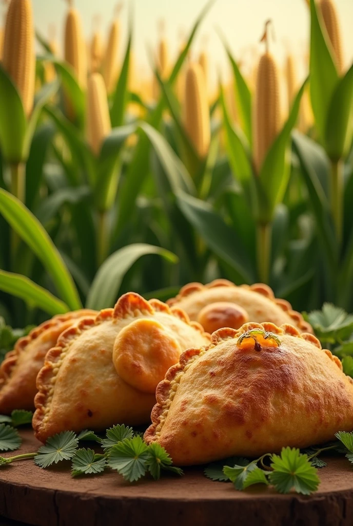 Images of 3 empanadas , with corn background