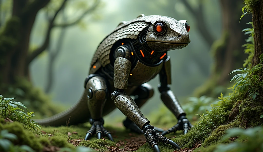 A robot with a brain like a poison dart frog、Detailed skin、Actual item、in the forest、moss、Medieval Armor、Ancient Technology、royal coat of arms