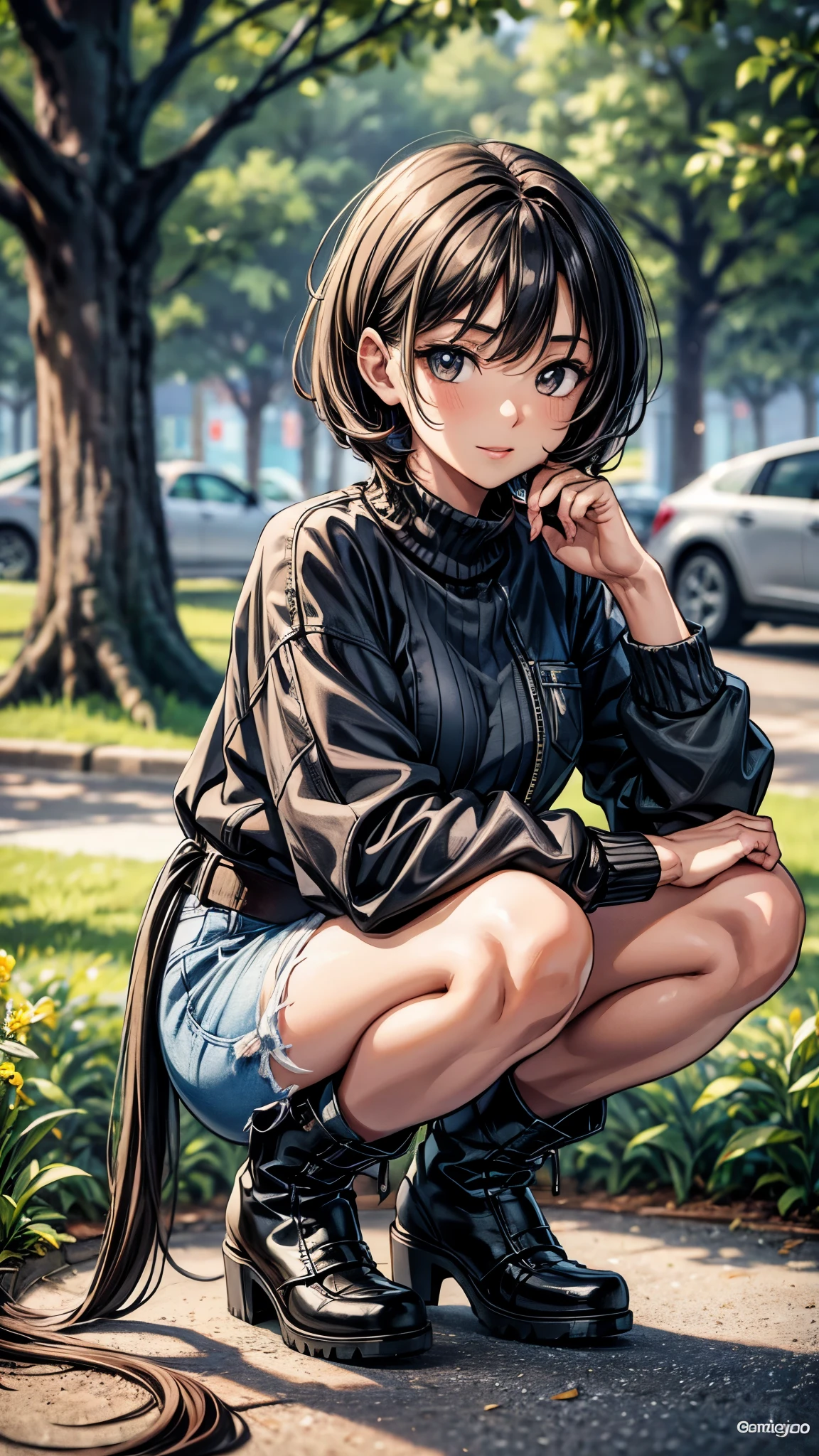 (( old girl)),((full body)),((squatting her legs)),((spread her legs)),Beautiful attention to detail, Beautiful lip detail,One of the Japanese girl,In the park,((Dark skin tone2.0)),((dark skin)), (Very short black hair),((Lonely Smile)),((street fashion)),((Long jersey with line)),((micro mini shorts)),((race up long boots)),quality, 4K, 8k, High resolution, masterpiece:1.2, Very detailed, Realistic, photoRealistic, photo-Realistic:1.37, High resolution, High resolution, Studio Lighting, Ultra-fine painting, Sharp focus, Physically Based Rendering, Very detailed explanation, Professional, Vibrant colors, bokeh, Portraiture