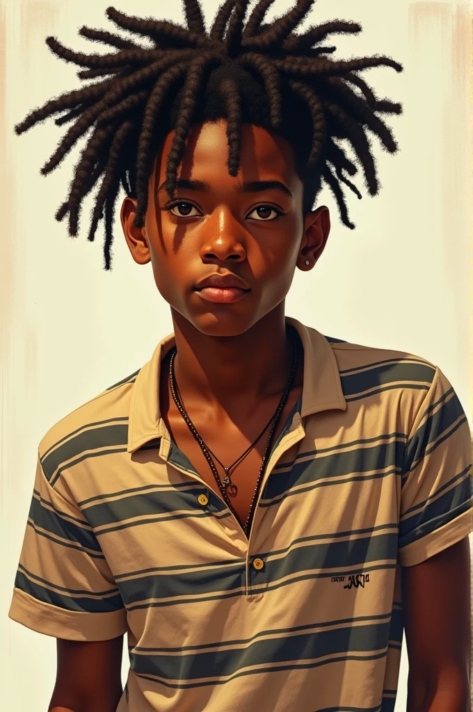 Generates a young man with black dreadlocks, brown color and striped shirt with sleeves