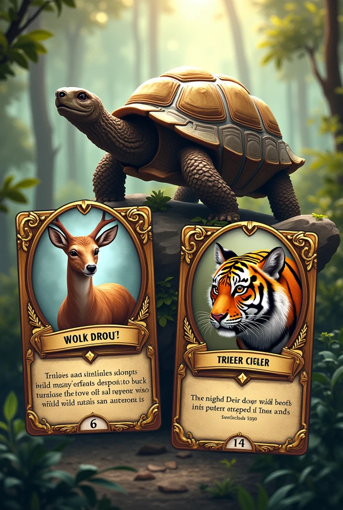 Cards with the characteristics of wild animals, Tortoise. day. deer. tigre
