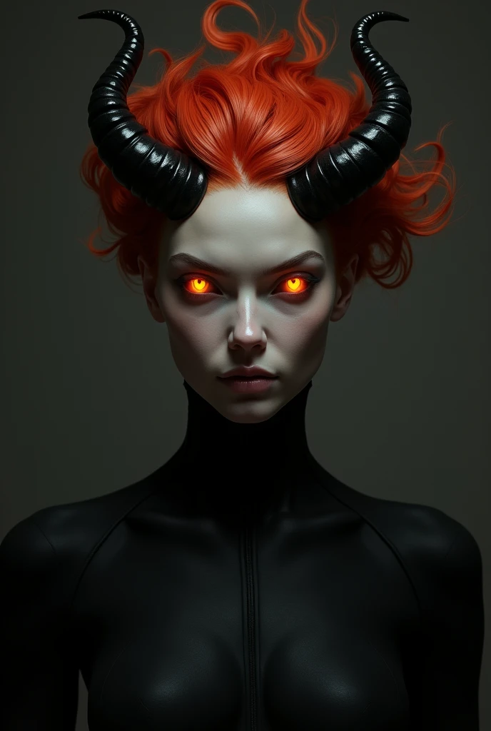 Androgynous woman with very short red hair and orange horns. orange eyes.