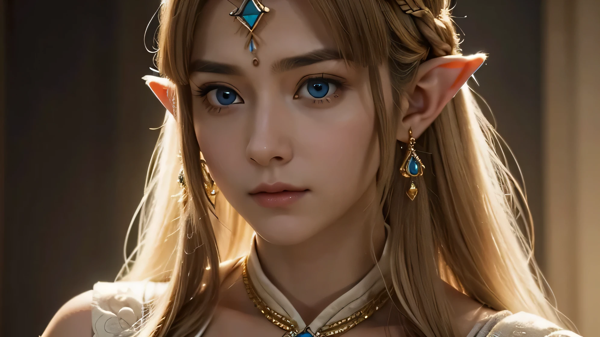 "Close-up portrait of Princess Zelda staring directly at the viewer. Her face is illuminated with soft, ethereal light, highlighting her delicate features and expressive blue eyes. Her long, golden hair is styled elegantly, cascading around her shoulders and framing her face. She wears a white gown with intricate gold embroidery, including the Triforce symbol, visible around her neck and shoulders. Her expression is a mixture of resolve and vulnerability, capturing the essence of her noble and determined character. The background is softly blurred to keep the focus on Zelda's face."