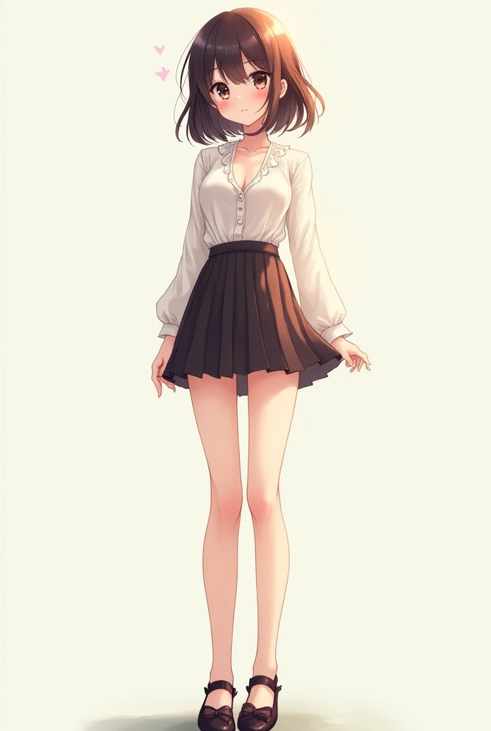Generates an anime girl showing her legs wearing flat shoes with a bow and ankle strap with a short skirt and a blouse that shows her nipples