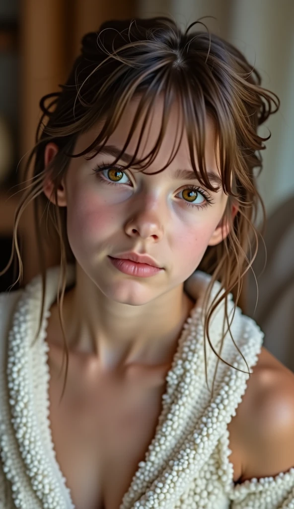 cute girl, cum on face, slim figure, revealing outfit, cute clothes, skimpy clothes, photo taken from above, detailed face, pretty eyes, long eyelashes, cute expression, cozy living room, photorealistic, 4k, high quality,open bathrobe, bathrobe open revealing naked body, cum on face