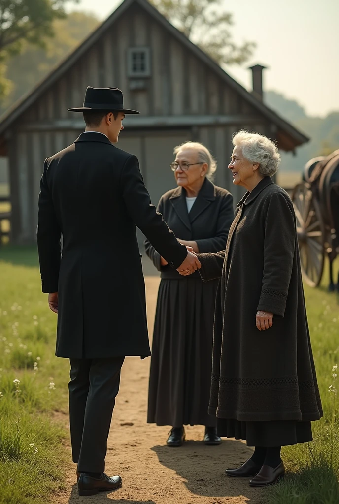 A handsome skinny young man 27 without a shirt without a beard ,A handsome man in black clothes and a hat getting off a carriage, an old man and a grandmother on a farm welcoming them.