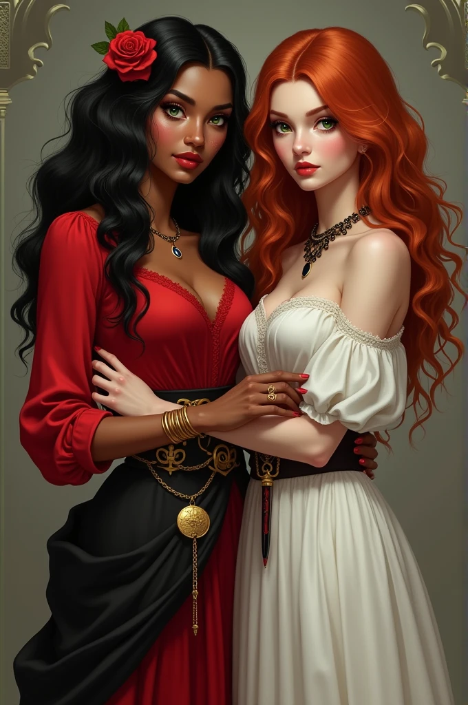 A 30 year old mulatto woman , green eyes long wavy black hair with a red rose, small breasts in a red blouse , wide hip, wearing a long red and black skirt with coins at her waist and golden bracelets and a dagger at her waist placing her hands on the shoulder of a white woman with green eyes and long, wavy red hair, 3 wearing a white dress with a black and red necklace