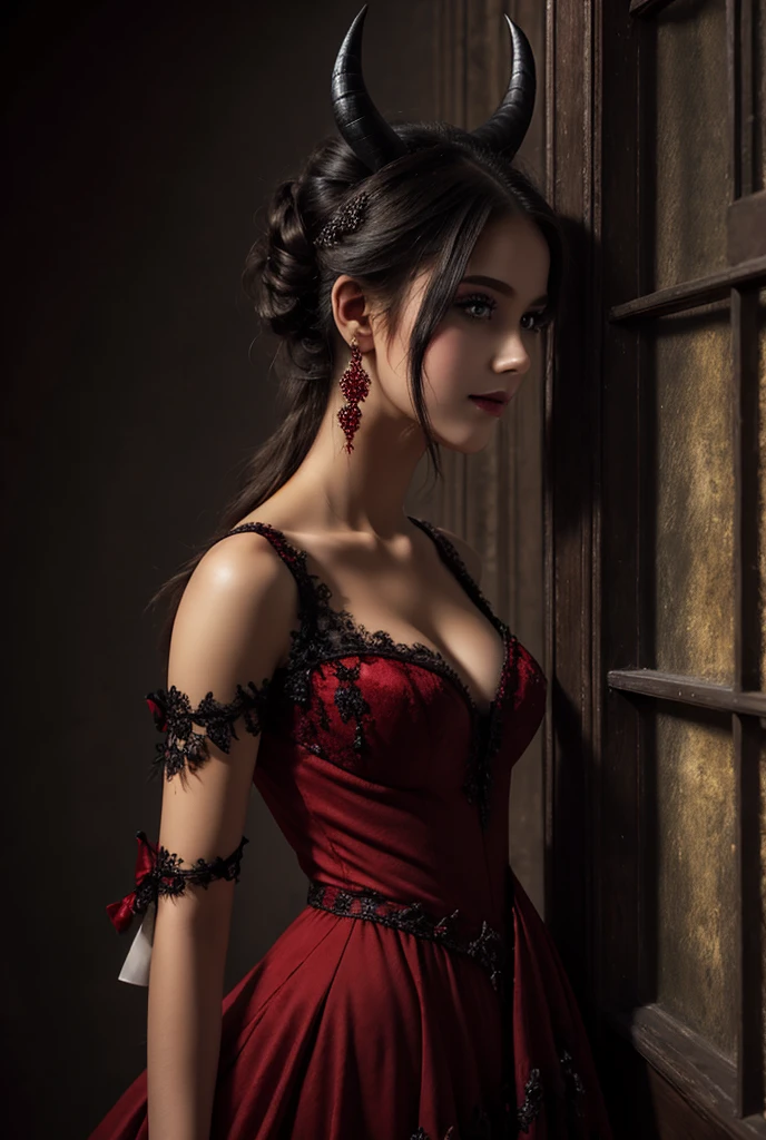 A  little devil girl, beautiful detailed eyes, beautiful detailed lips, extremely detailed face and features, long eyelashes, porcelain skin,  figure, horns, devilish expression, mischievous smile, black and red dress, lace trim, torn fishnets, detailed textures, dark fantasy, dramatic lighting, cinematic, moody colors, deep shadows, brooding atmosphere