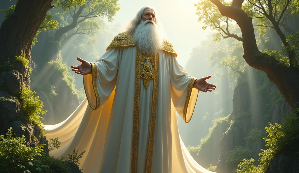 hyperrealistic, 16k, 32k, UHD, masterpiece, best quality, upper body, God, who is super vast and gigantic, wearing white and shimmery gold robe, long white hair, white beard. God is super Gigantic God looks downward, beautiful enchanting garden of Eden, God is super vast and gigantic, a super massively gigantic God, looking in down. cinematic.