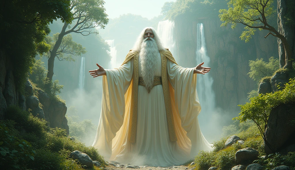 hyperrealistic, 16k, 32k, UHD, masterpiece, best quality, upper body, God, who is super vast and gigantic, wearing white and shimmery gold robe, long white hair, white beard. God is super Gigantic God looks downward, beautiful enchanting garden of Eden, God is super vast and gigantic, a super massively gigantic God, looking in down. cinematic.