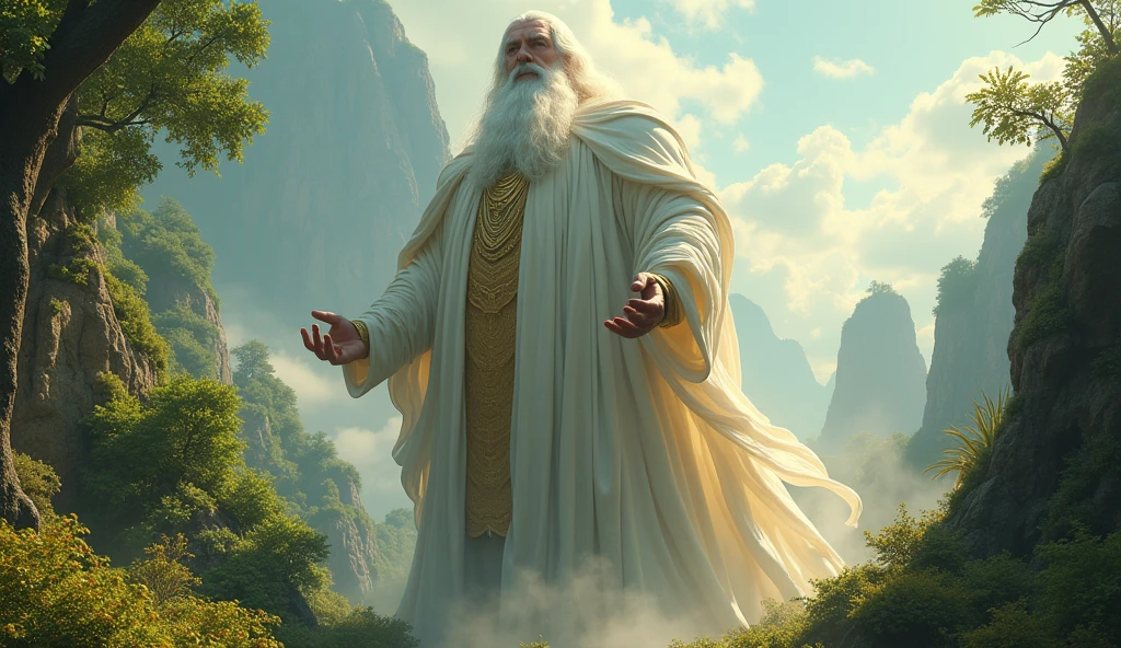 hyperrealistic, 16k, 32k, UHD, masterpiece, best quality, upper body, God, who is super vast and gigantic, wearing white and shimmery gold robe, long white hair, white beard. God is super Gigantic God looks downward, beautiful enchanting garden of Eden, God is super vast and gigantic, a super massively gigantic God, looking in down. cinematic.