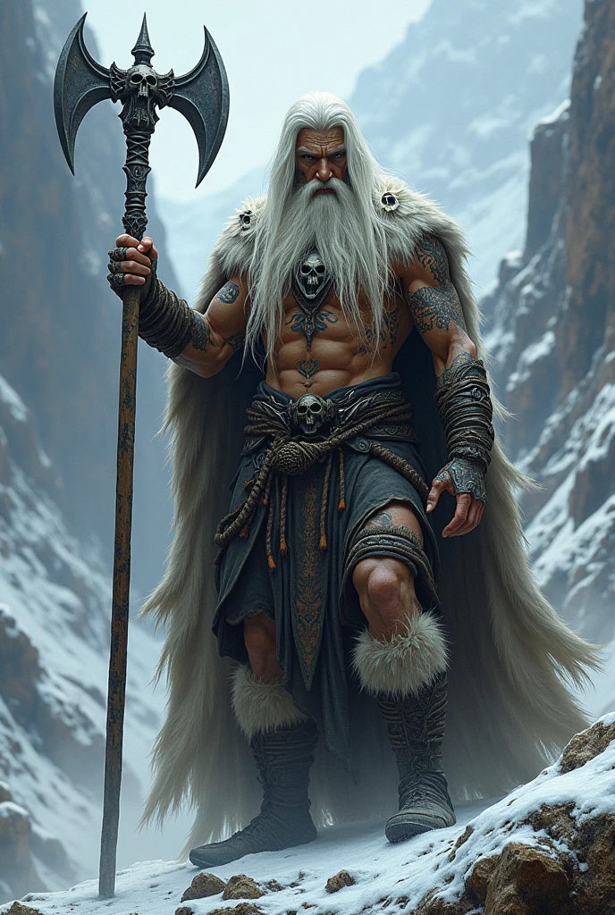 Kalashtar man full body, long white hair, tattoos on face, Druid, one-handed sickle and skull on the head, Attack position, Wolf skin, Mountain and snow environment