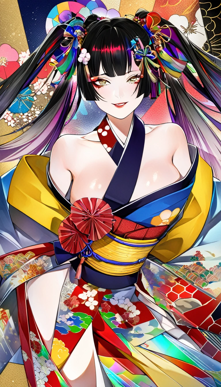 kabuki, kabuki make-up, Ukiyo-e, Japanese painting, woodblock print, attractive and seductive expression, twin-tails, wearing opened rainbow colorful Japanese kimono, background painted with a fusion of oil and watercolor iridescent stained glass, conceptual installation art, (ultra detailed, absolutely resolution, best quality:1.3), 2.5D, delicate and dynamic effects, glitter gold dust effects, artistic, hyper, graphic CG digital art