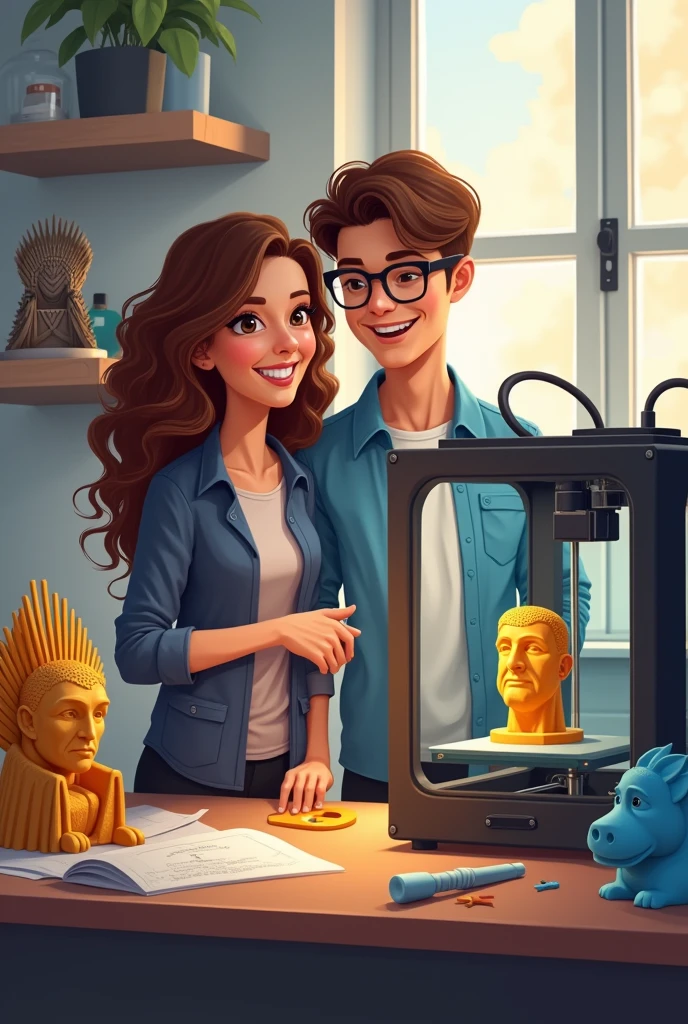 A realistic digital illustration of a young couple starting their 3D printing business in a modern workspace. The couple should resemble the people in the reference image: the woman with light skin, long curly brown hair, and the man with light skin, short straight brown hair, and glasses. They are standing beside a 3D printer on a workbench, with the printer actively printing a model. Surround the couple with 3D-printed items, such as an Iron Throne from "Game of Thrones," a Clicker mask from "The Last of Us," and a wand from "Harry Potter." The woman is adjusting the printer, while the man holds up a newly printed piece. The scene should feel warm and inviting, highlighting the couple's excitement and teamwork.

