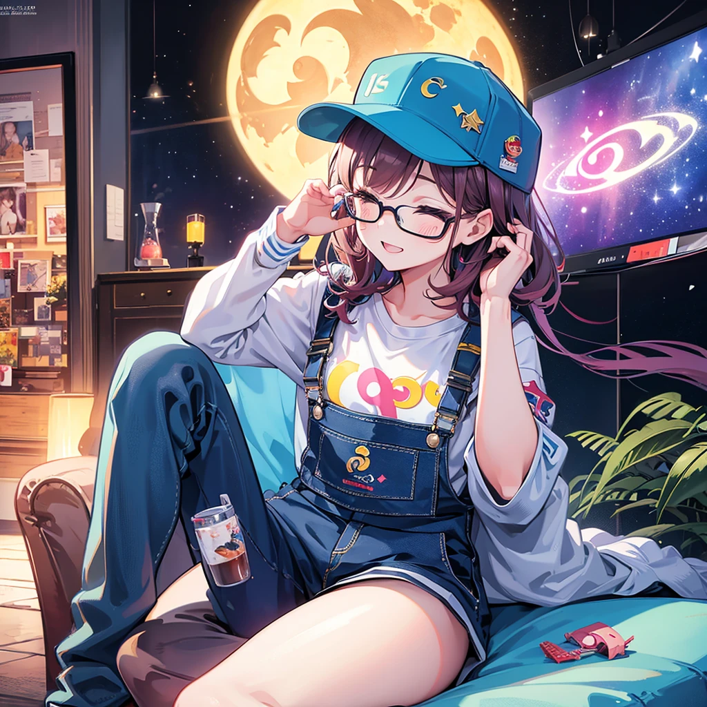 a girl with glasses, closed eyes and laughing loudly, sitting on a crescent moon, kawaii, 1girl, best quality, 4K, 8k, highres, masterpiece:1.2, ultra-detailed, realistic, photorealistic, photo-realistic:1.37, HDR, uhd, studio lighting, ultra-fine painting, sharp focus, physically-based rendering, extreme detail description, professional, vivid colors, bokeh, portraits、3 heads、Overalls、Baseball Cap